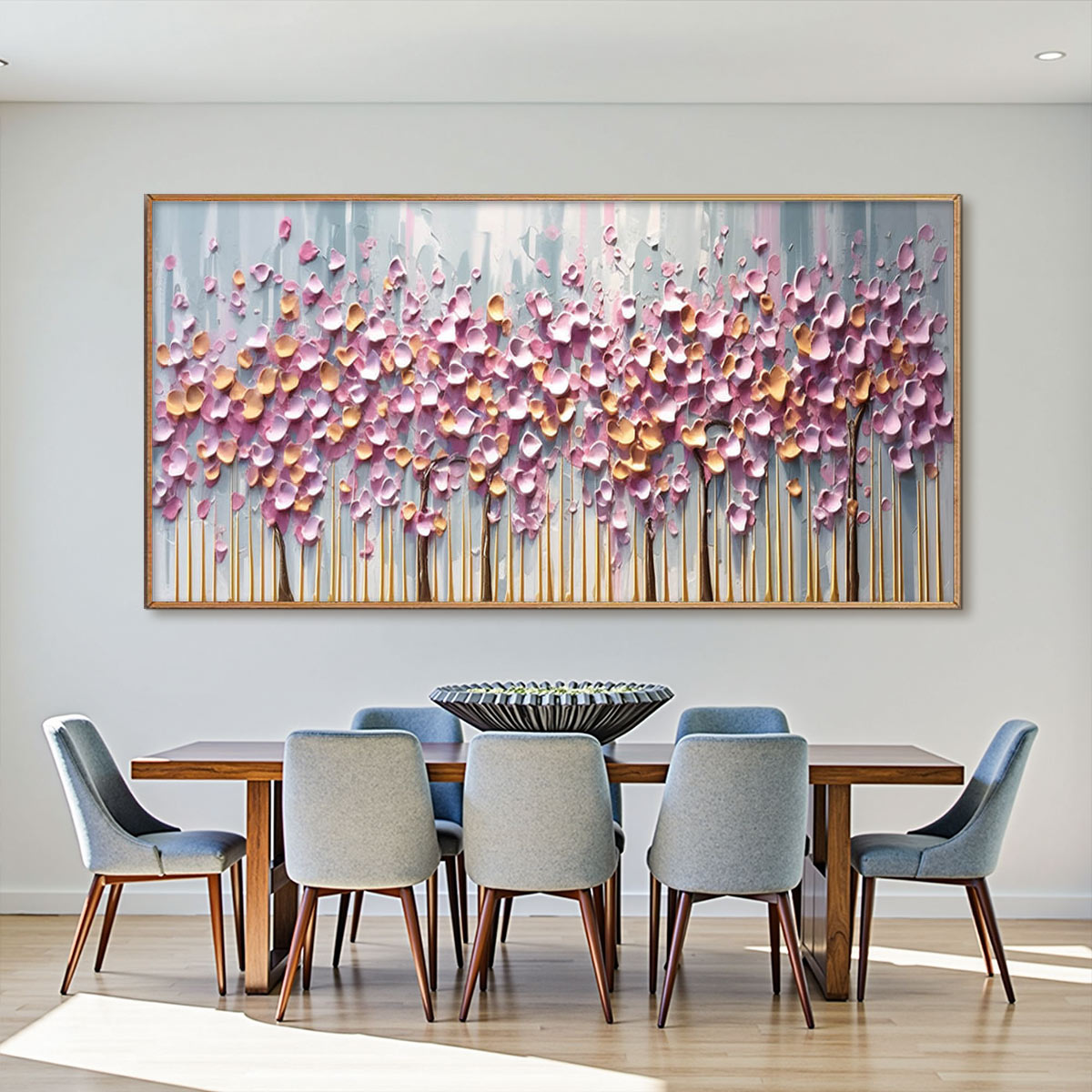 Rosewood Dawn: Textured Floral Landscape Oil Painting Canvas Wall Art Decor in Pink