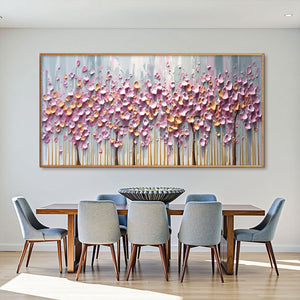 Rosewood Dawn: Textured Floral Landscape Oil Painting Canvas Wall Art Decor in Pink