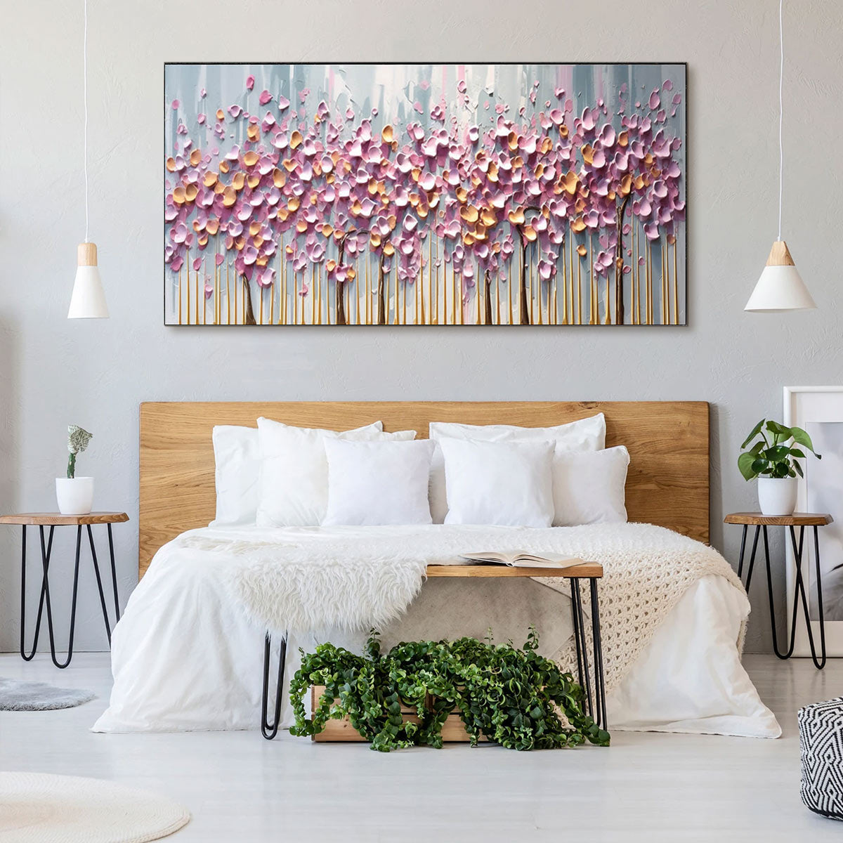 Rosewood Dawn: Textured Floral Landscape Oil Painting Canvas Wall Art Decor in Pink