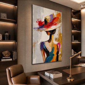 Frameless, gallery-wrapped abstract canvas art depicting a stylish lady, hung in a professional home office setting.