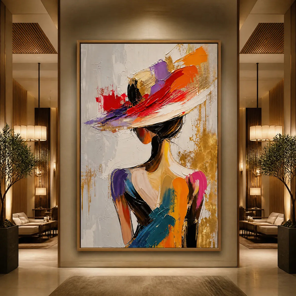 Large-scale textured abstract painting of a lady in a hat with a wooden frame, displayed as a luxurious focal point in a hotel lobby.