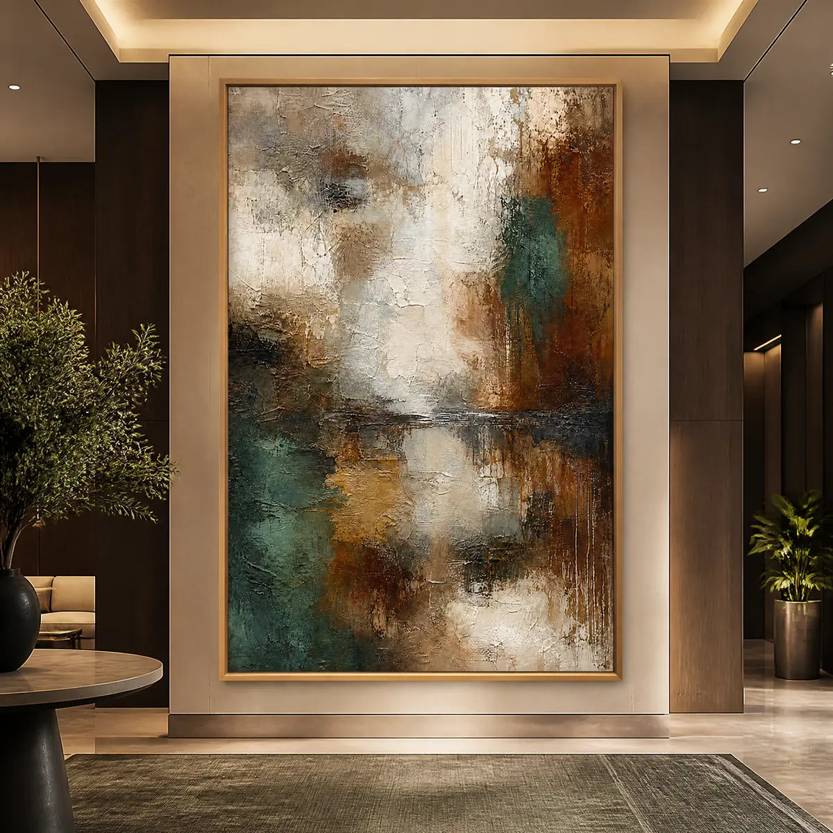 EARTHEN REFLECTION displayed in a refined hotel lobby.