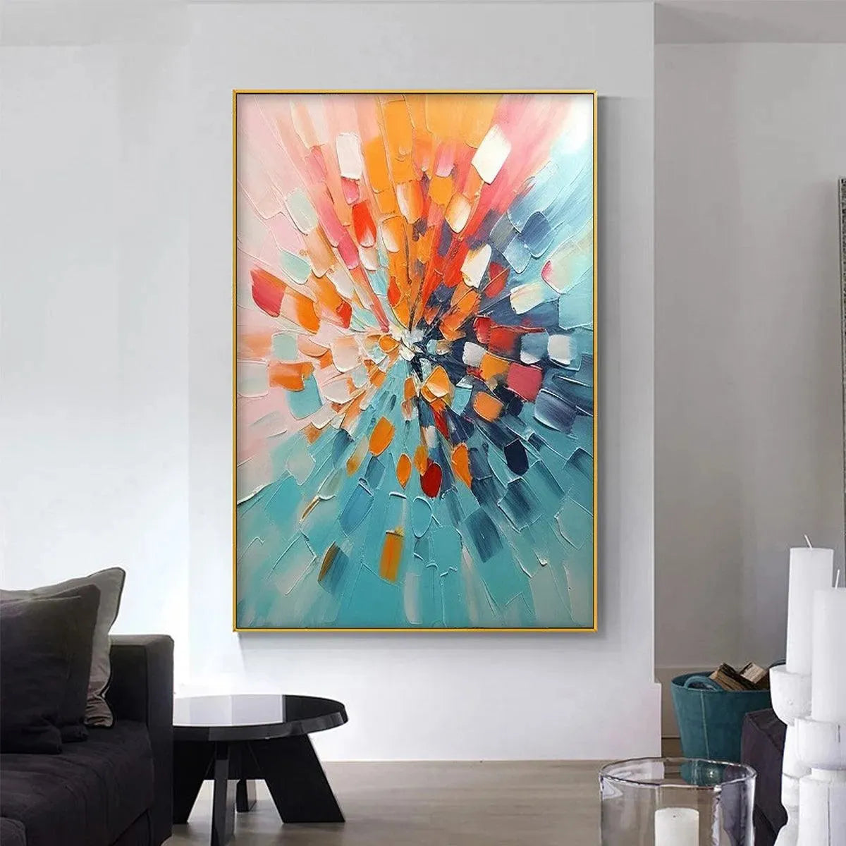 Radiant Burst abstract impasto painting with thick textured strokes in orange, pink, coral & turquoise radiating outward.
