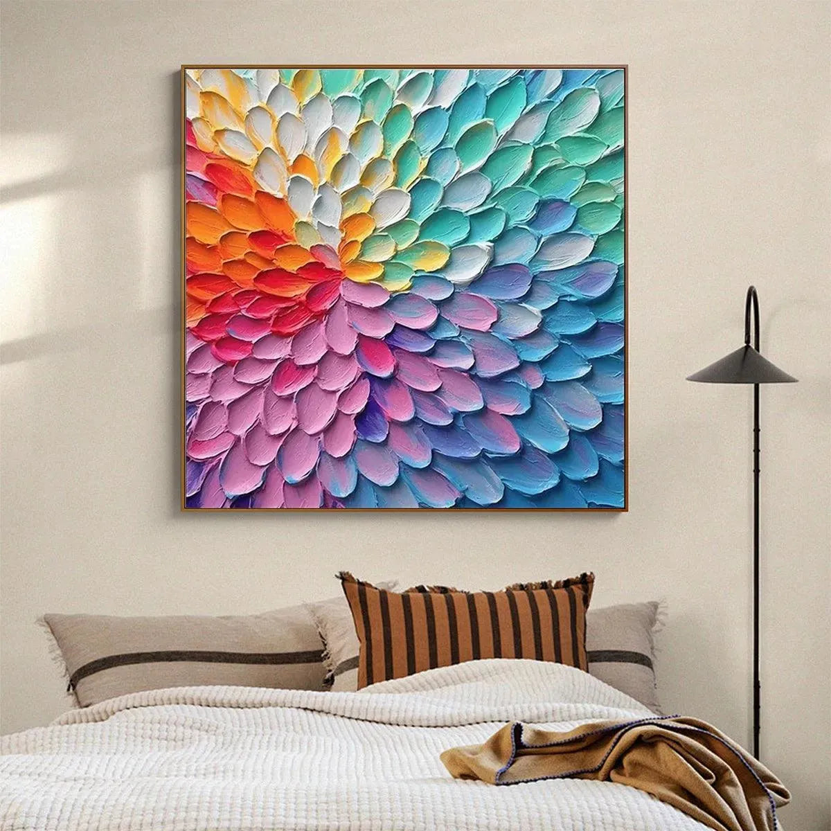 RAINBOW BURST by Isabella Rossi, impasto artwork with rainbow colors, square canvas, adds energy to the bedroom.