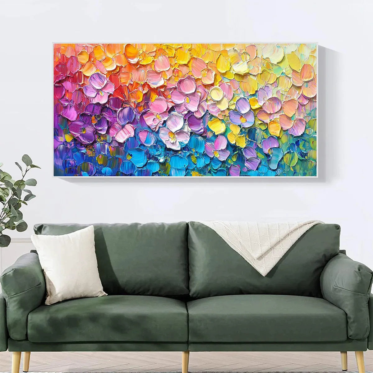 Rainbow Falls: Panoramic Impasto Floral Oil Painting in Vibrant Rainbow Hues on Canvas