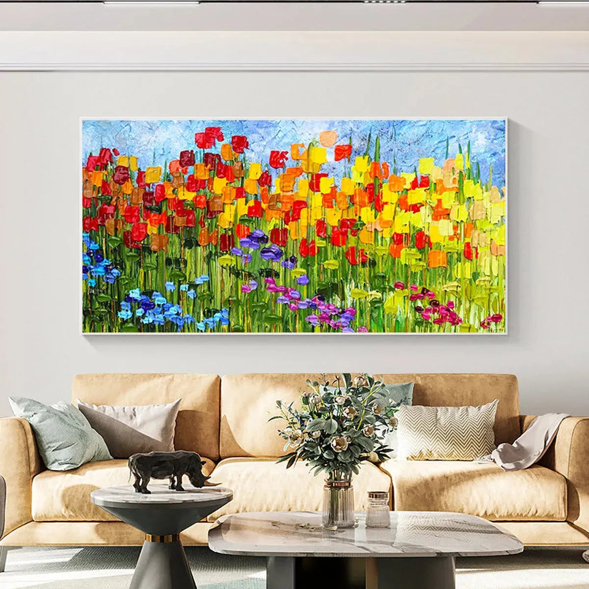 Rainbow Field: Panoramic Impasto Colorful Flower Field Oil Painting on Canvas