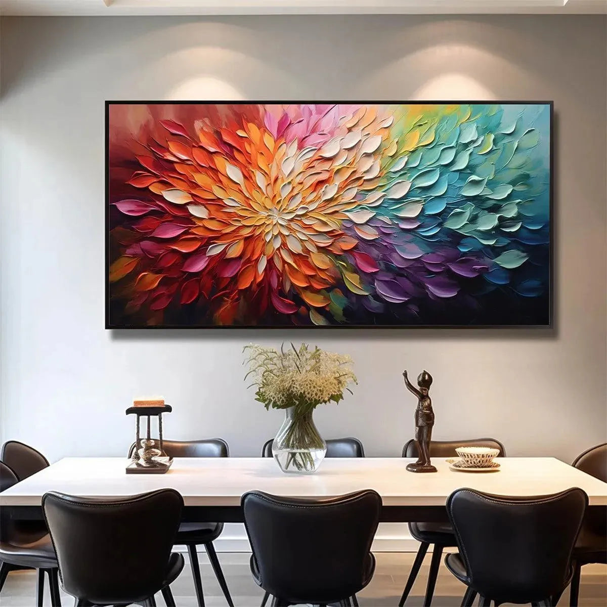 Textured abstract floral painting in rainbow colors by Willow Davies. Modern home decor.