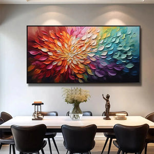 Textured abstract floral painting in rainbow colors by Willow Davies. Modern home decor.