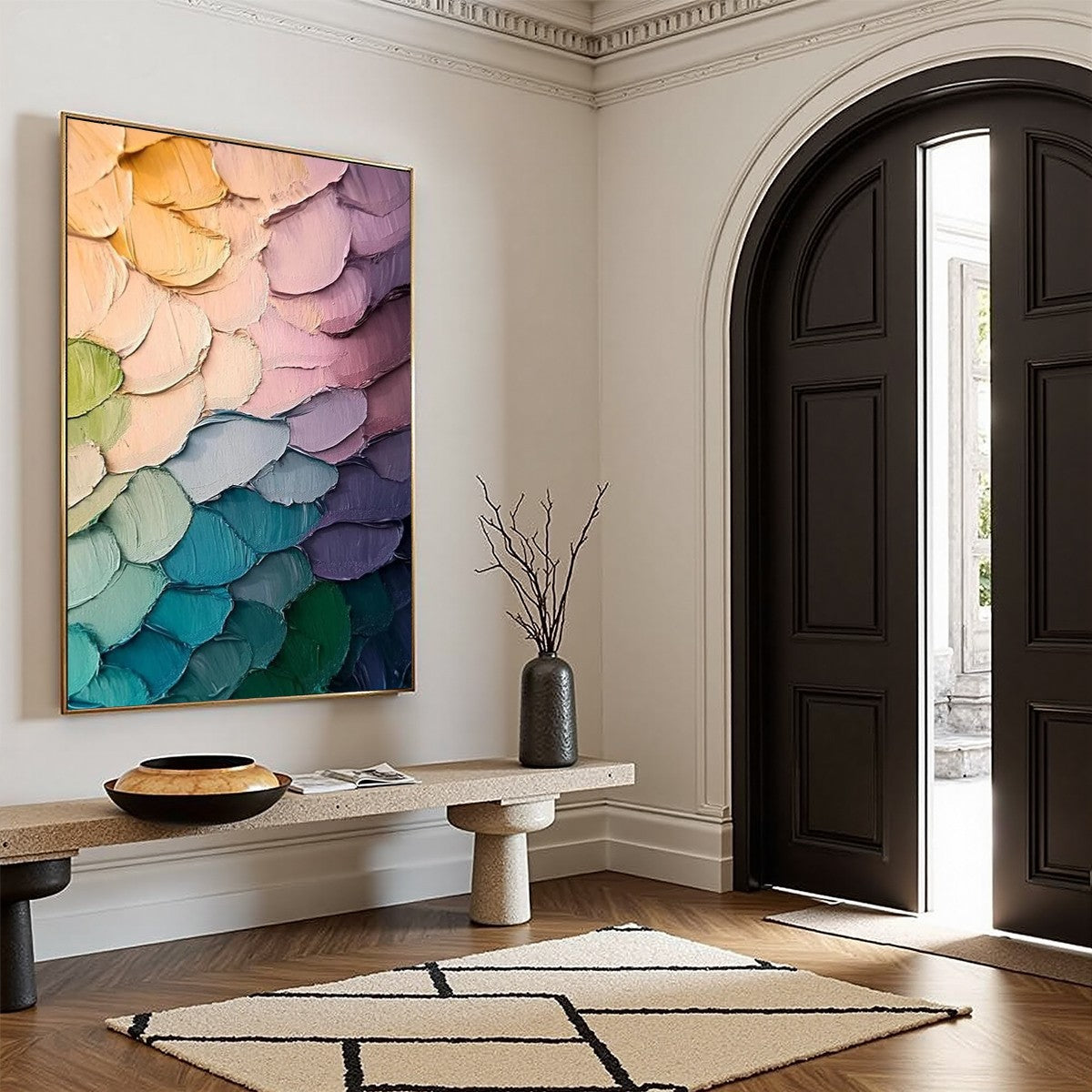 Rainbow Scales impasto abstract colorful oil painting on canvas