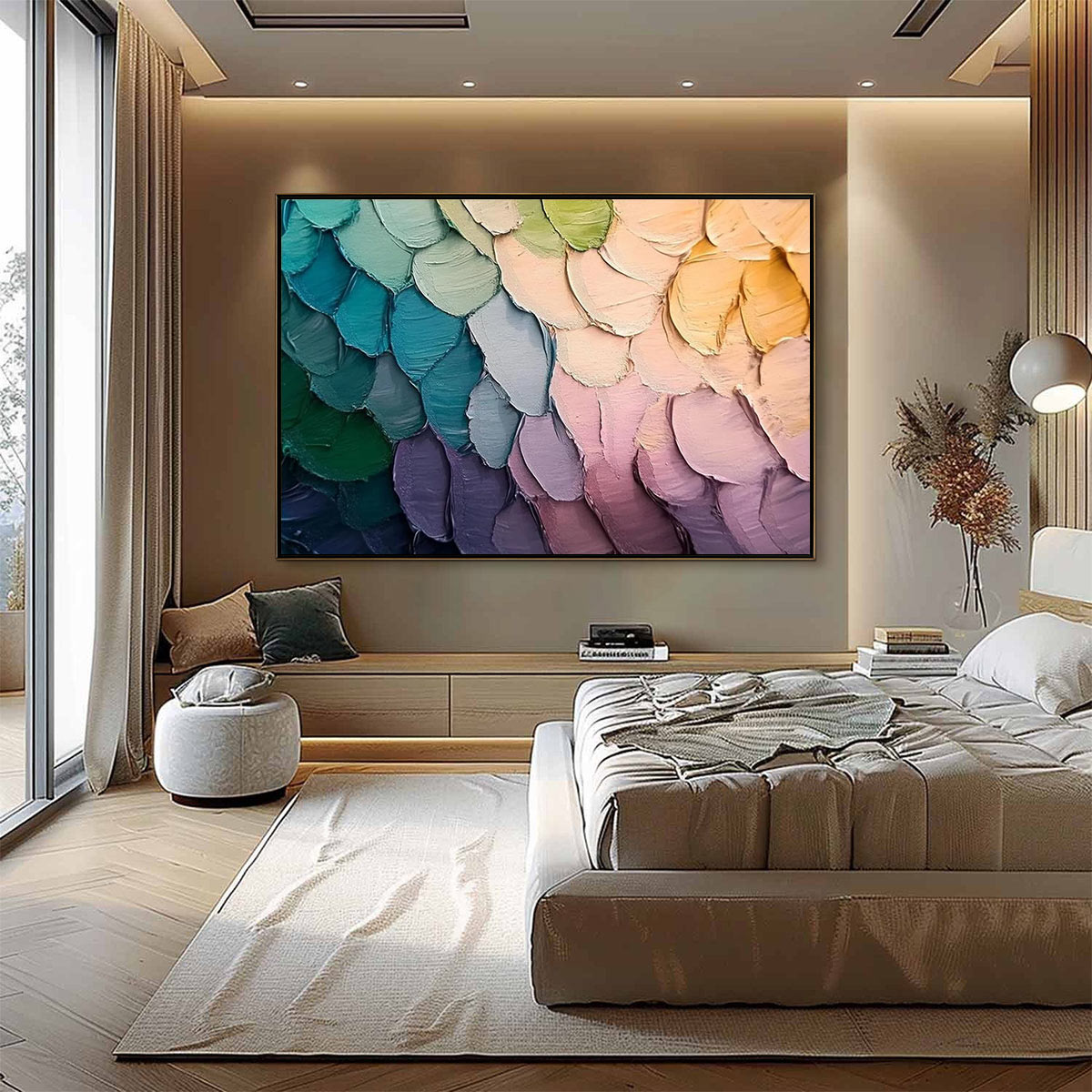 Rainbow Scales impasto abstract colorful oil painting on canvas