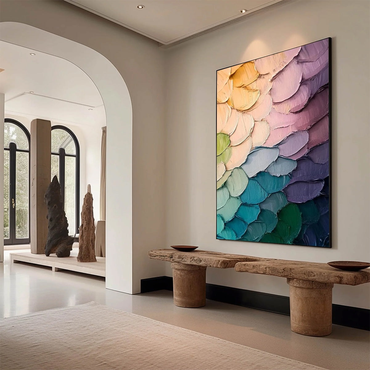 Rainbow Scales impasto abstract colorful oil painting on canvas