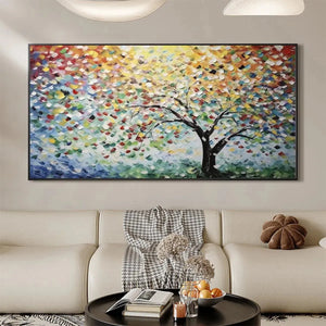 Rainbow Tree impasto painting by Liam O'Connell, colorful leaves with textured brushstrokes. Original art for home decor.