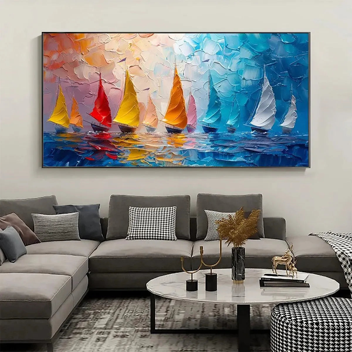 Regatta: Textured Sailboat Painting | Impasto Wall Art | Panoramic Canvas | Coastal Decor