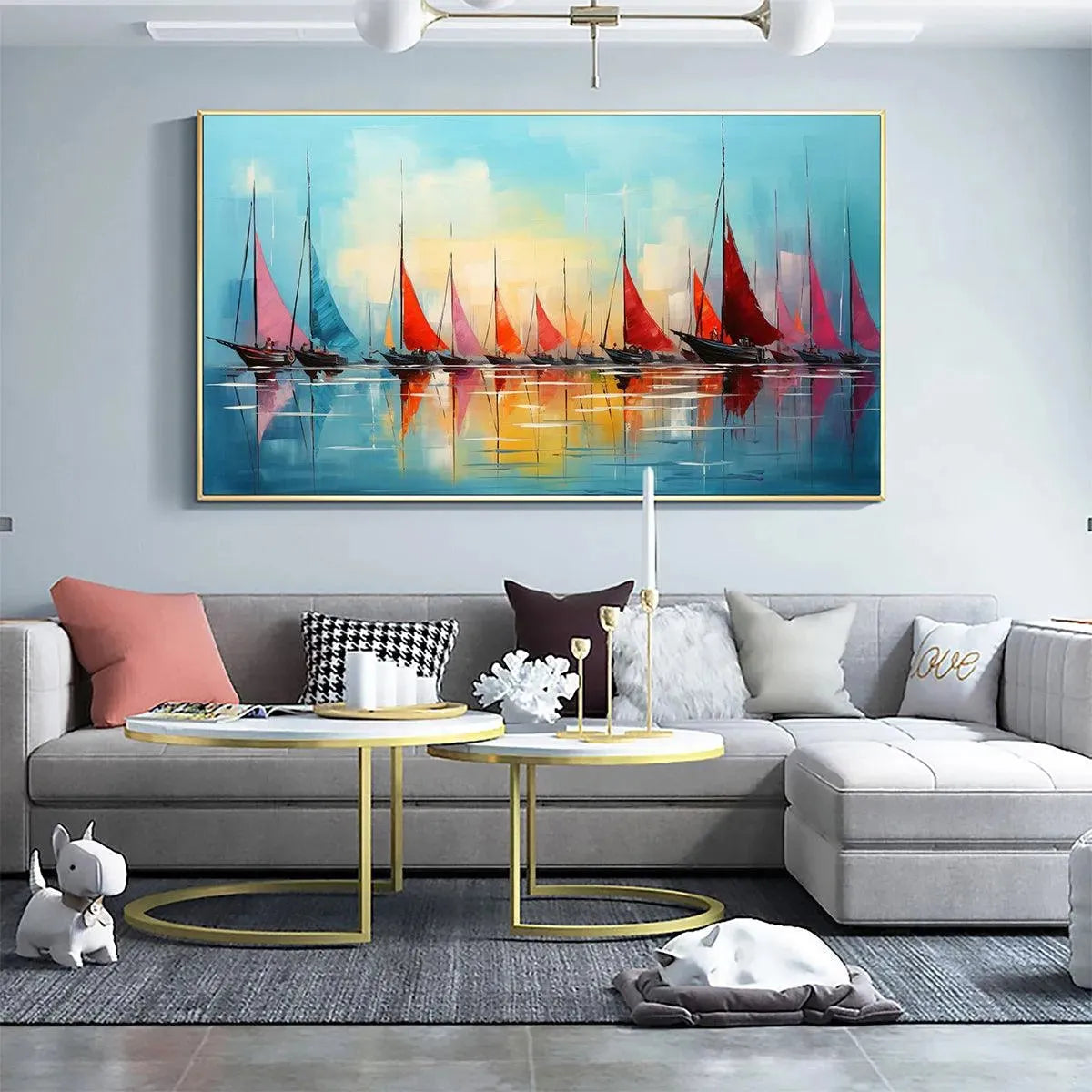 Regatta at Dawn: Panoramic Sailboat Painting | Colorful Sunrise | Beach & Sea | Living Room, Office, Hotel