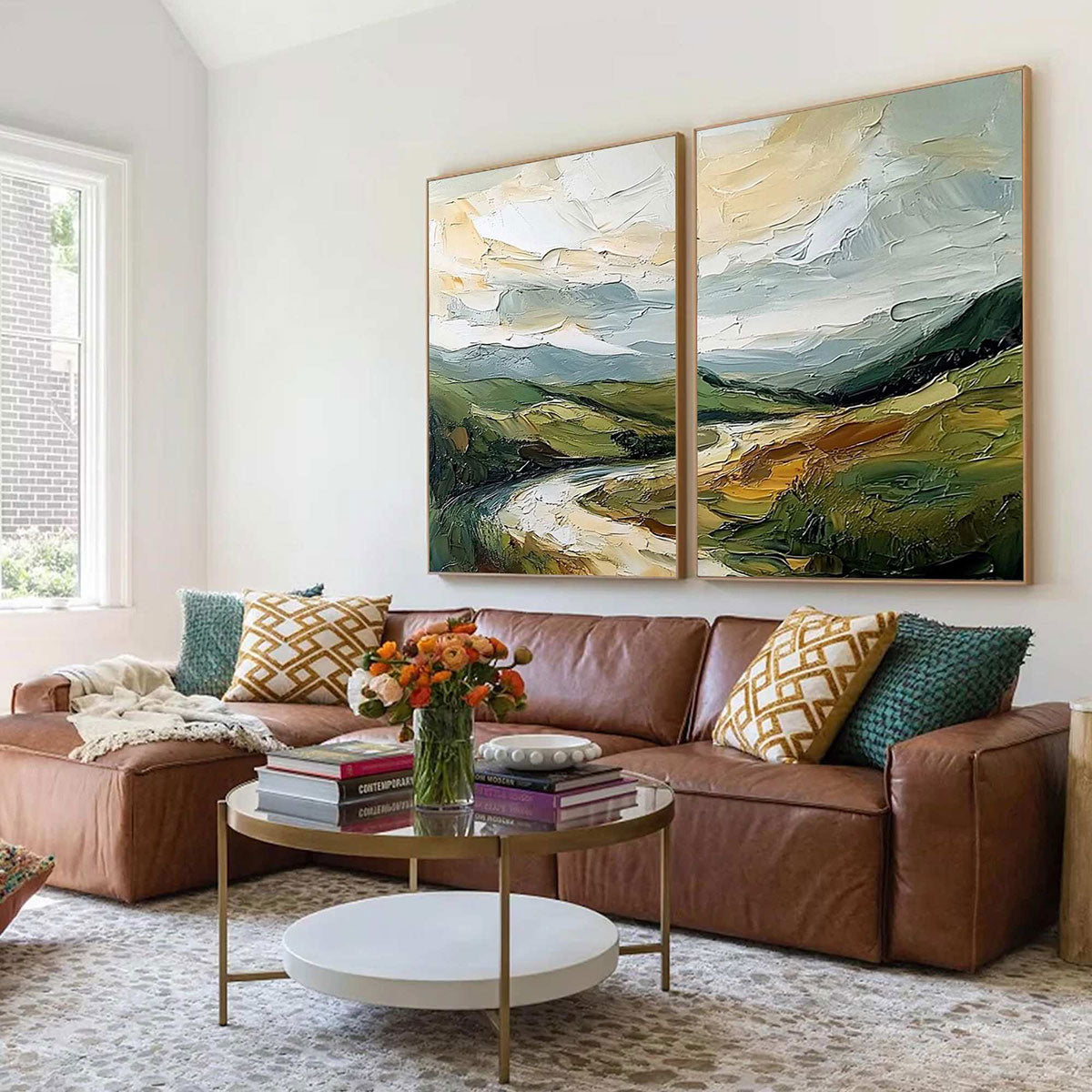 River Valley Duet impasto landscape diptych oil painting wall art