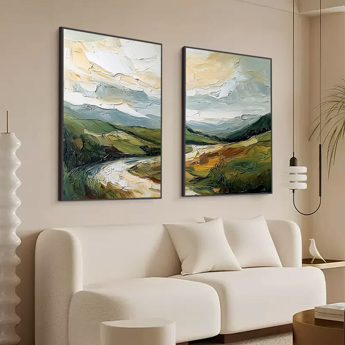 River Valley Duet impasto landscape diptych oil painting wall art