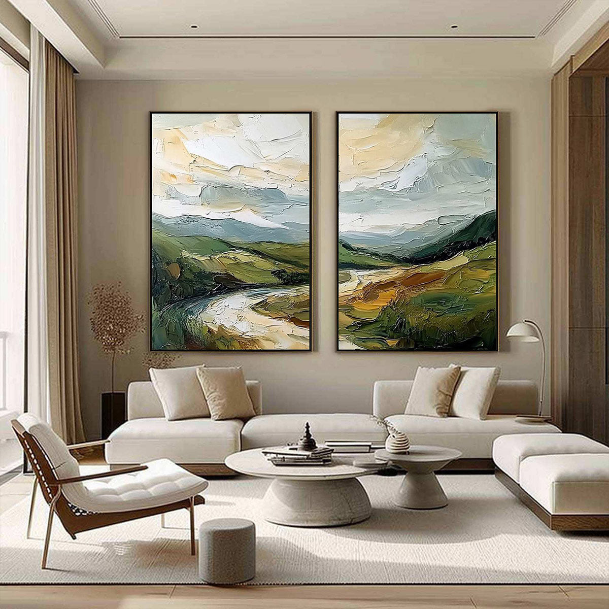 River Valley Duet impasto landscape diptych oil painting wall art