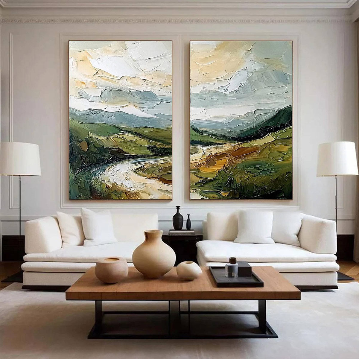 River Valley Duet impasto landscape diptych oil painting wall art