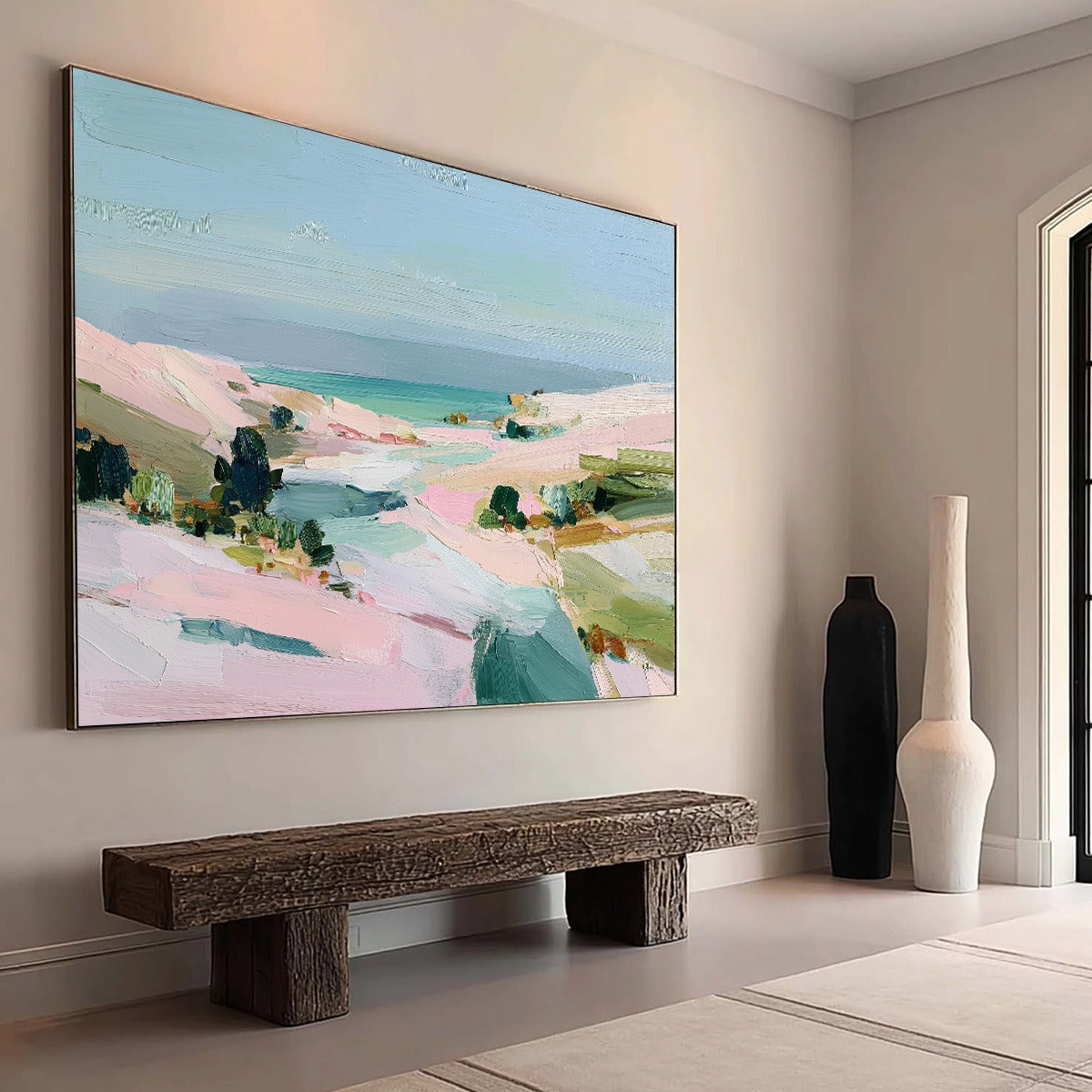 Roseate Shore Abstract Beach Painting | Textured Coastal Wall Art