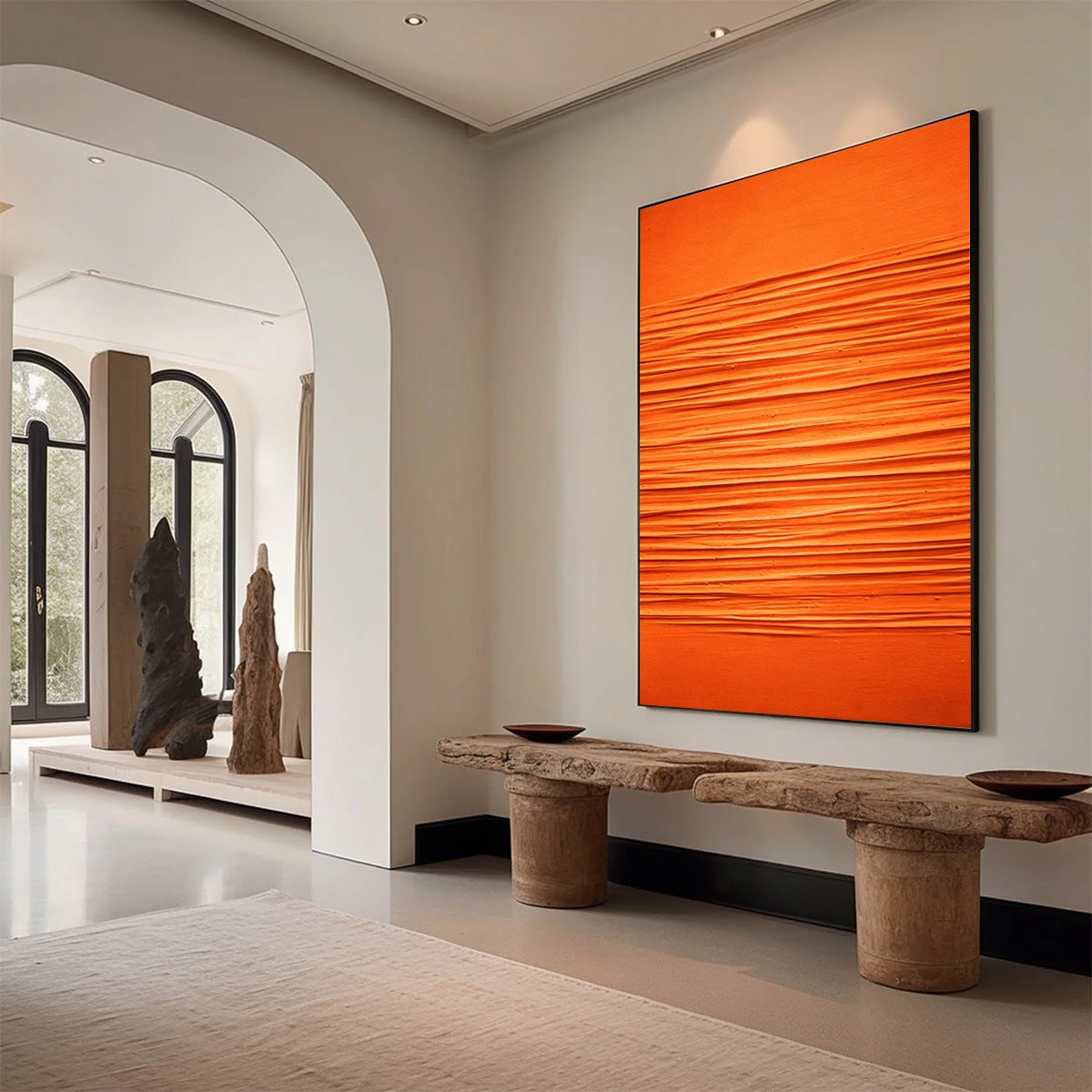 Saffron Rhythm: Vibrant textured orange abstract painting, original handmade modern wall art.