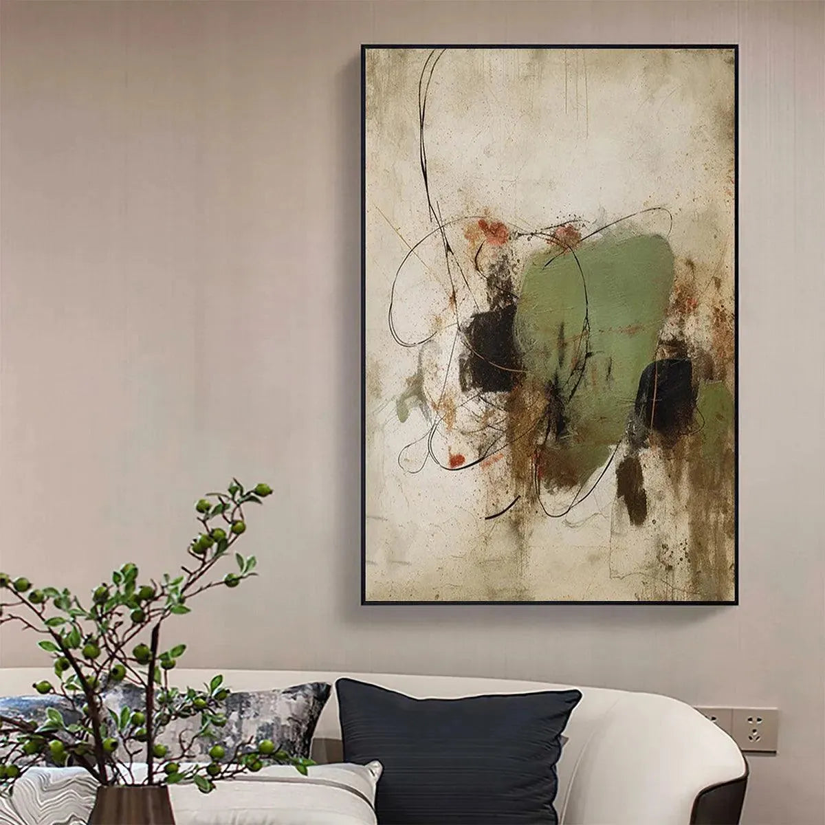 Sage Abstract vertical painting by Liam O'Connell, featuring earthy tones, sage green, and minimalist abstract design.
