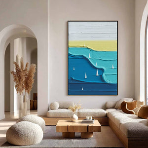 SAILBOAT SERENITY: Textured impasto abstract seascape with white sailboats