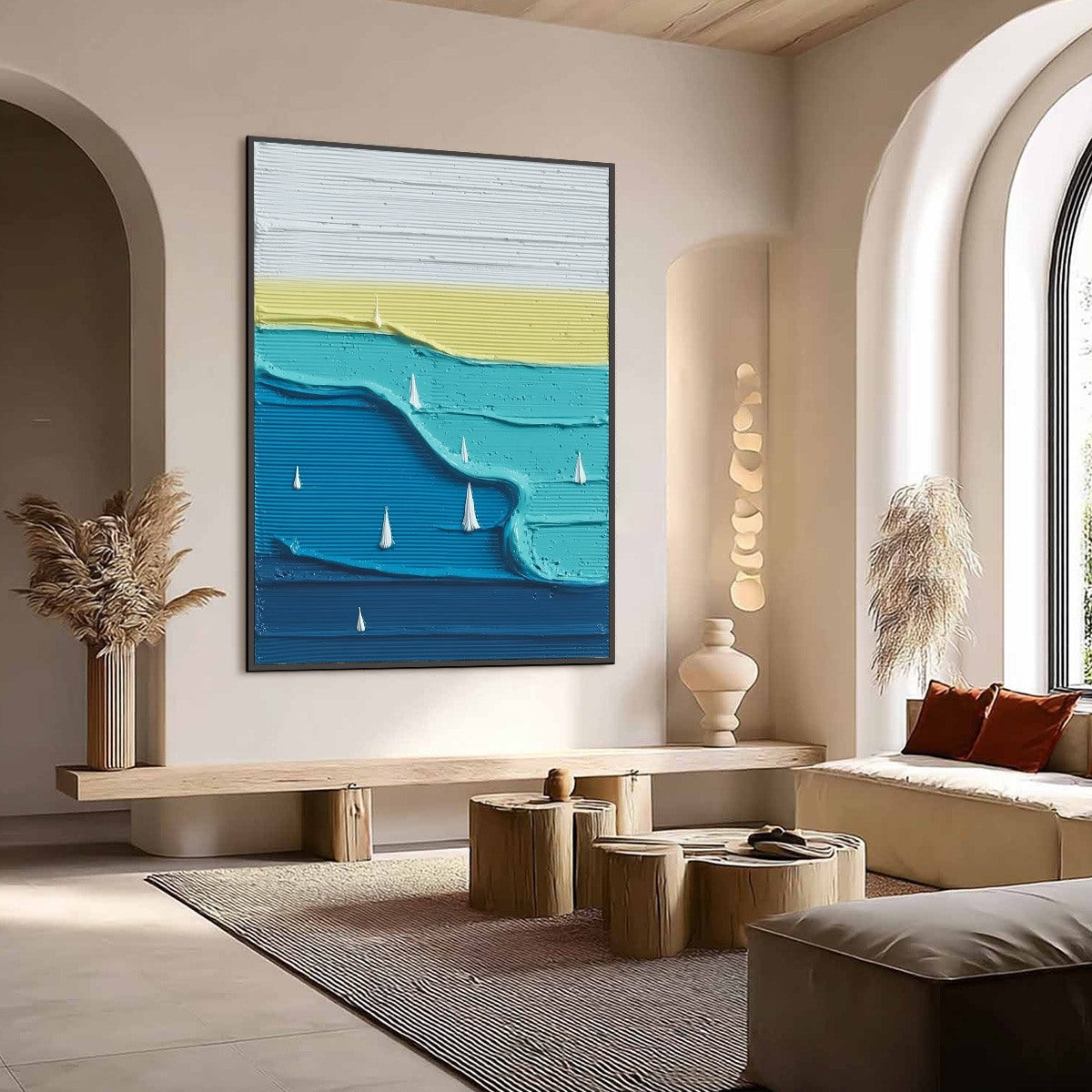 SAILBOAT SERENITY: Textured Minimalist Abstract Seascape Painting