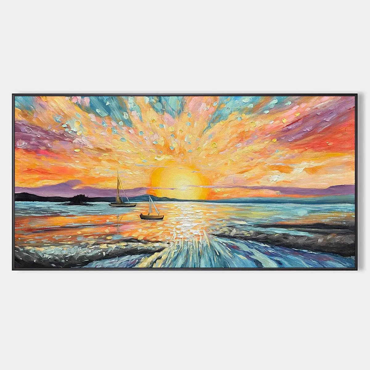 Vibrant Seascape Painting, Panoramic Canvas, Coastal Wall Art