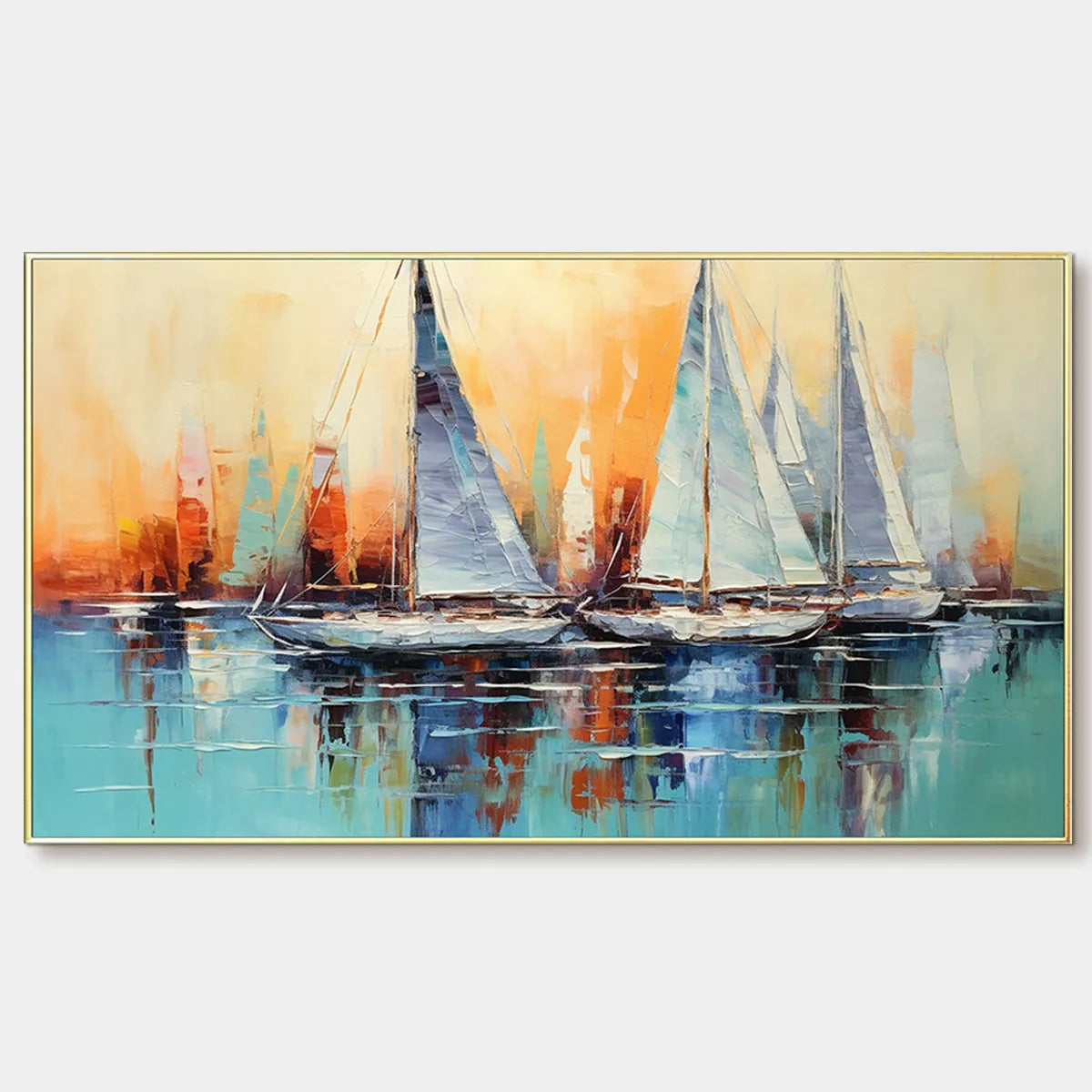 Panoramic Sailboat Painting, Coastal Wall Art, Blue, Orange, Living Room, Bedroom, Office