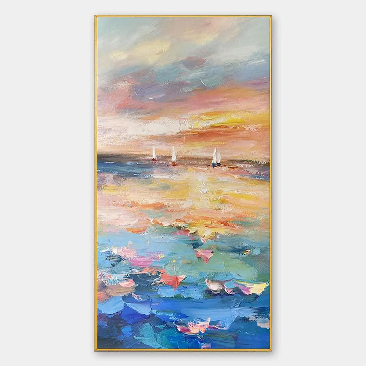 Colorful Seascape Painting, Textured Wall Art, Vertical Canvas, Beach Decor