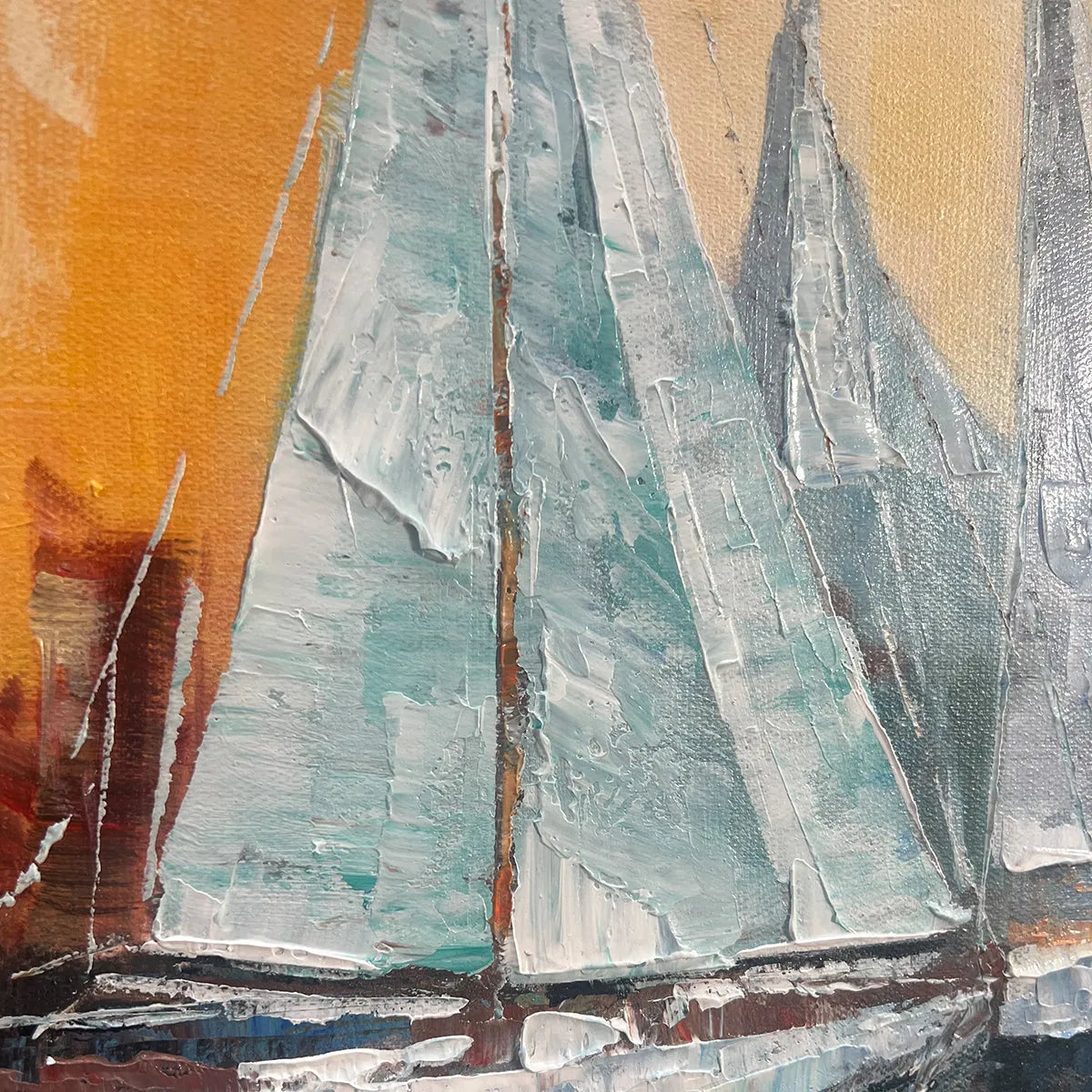 Panoramic Sailboat Painting, Coastal Wall Art, Blue, Orange, Living Room, Bedroom, Office