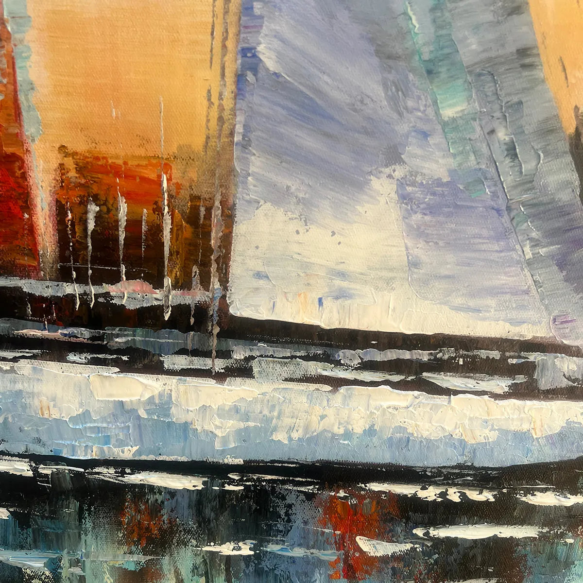 Panoramic Sailboat Painting, Coastal Wall Art, Blue, Orange, Living Room, Bedroom, Office