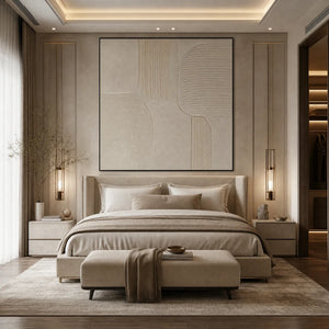 Textured Wabi Sabi abstract wall art above a beige modern bed