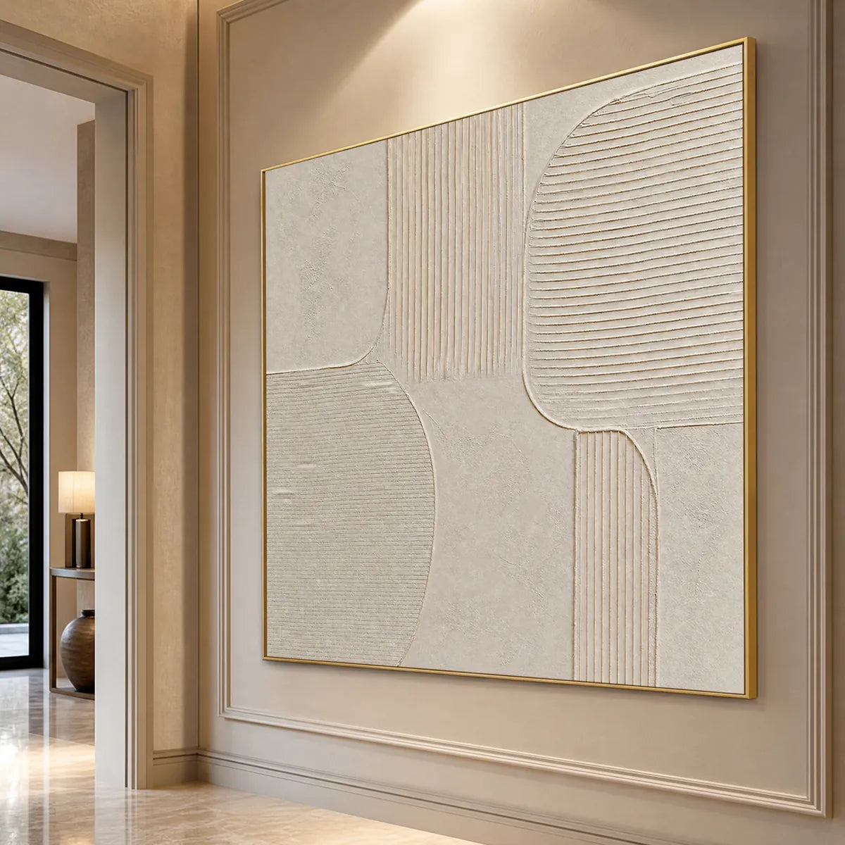 Textured Wabi Sabi abstract wall art in beige and ivory with gold frame