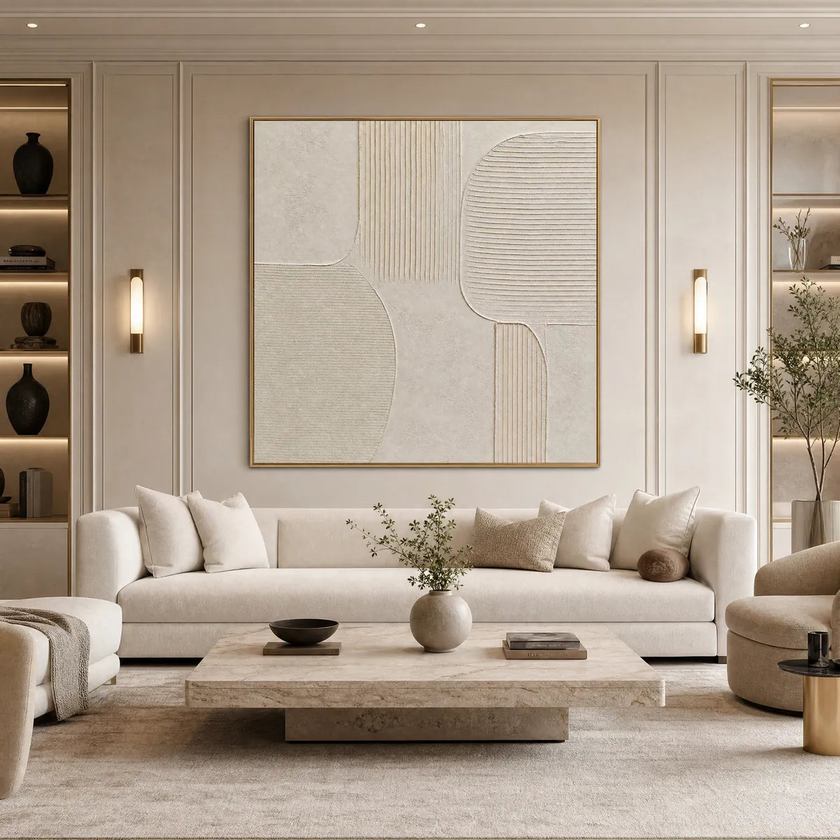 Large square textured Wabi Sabi abstract wall art in beige and ivory above a neutral sofa