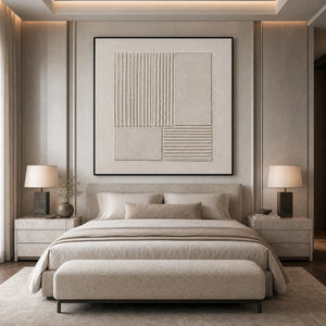 SANCTUARY textured Wabi-Sabi abstract painting in beige tones above a minimalist bed