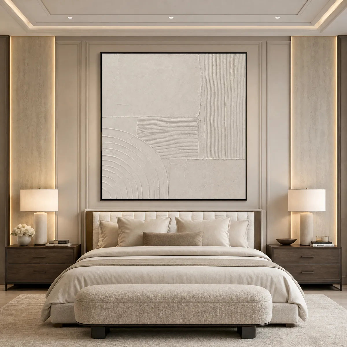 Textured Wabi Sabi abstract wall art in beige and cream above a modern bed