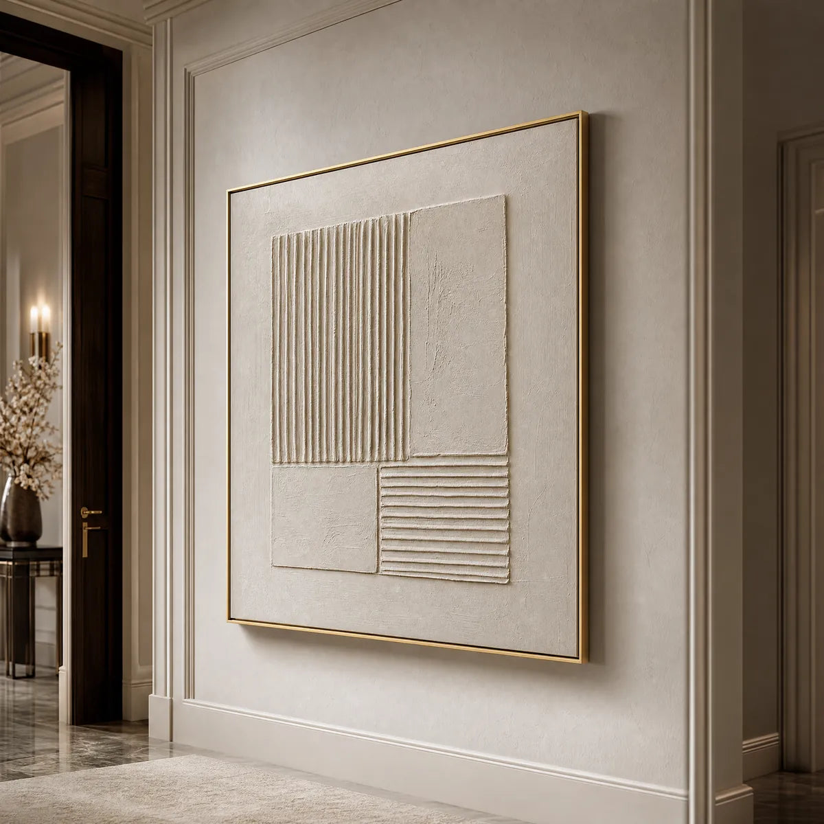 Textured beige Wabi-Sabi abstract wall art in gold frame