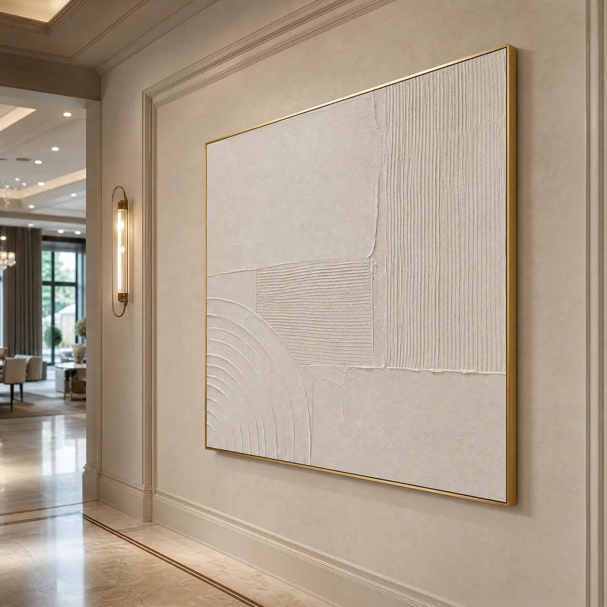 Textured Wabi Sabi abstract wall art in beige tones, gold frame