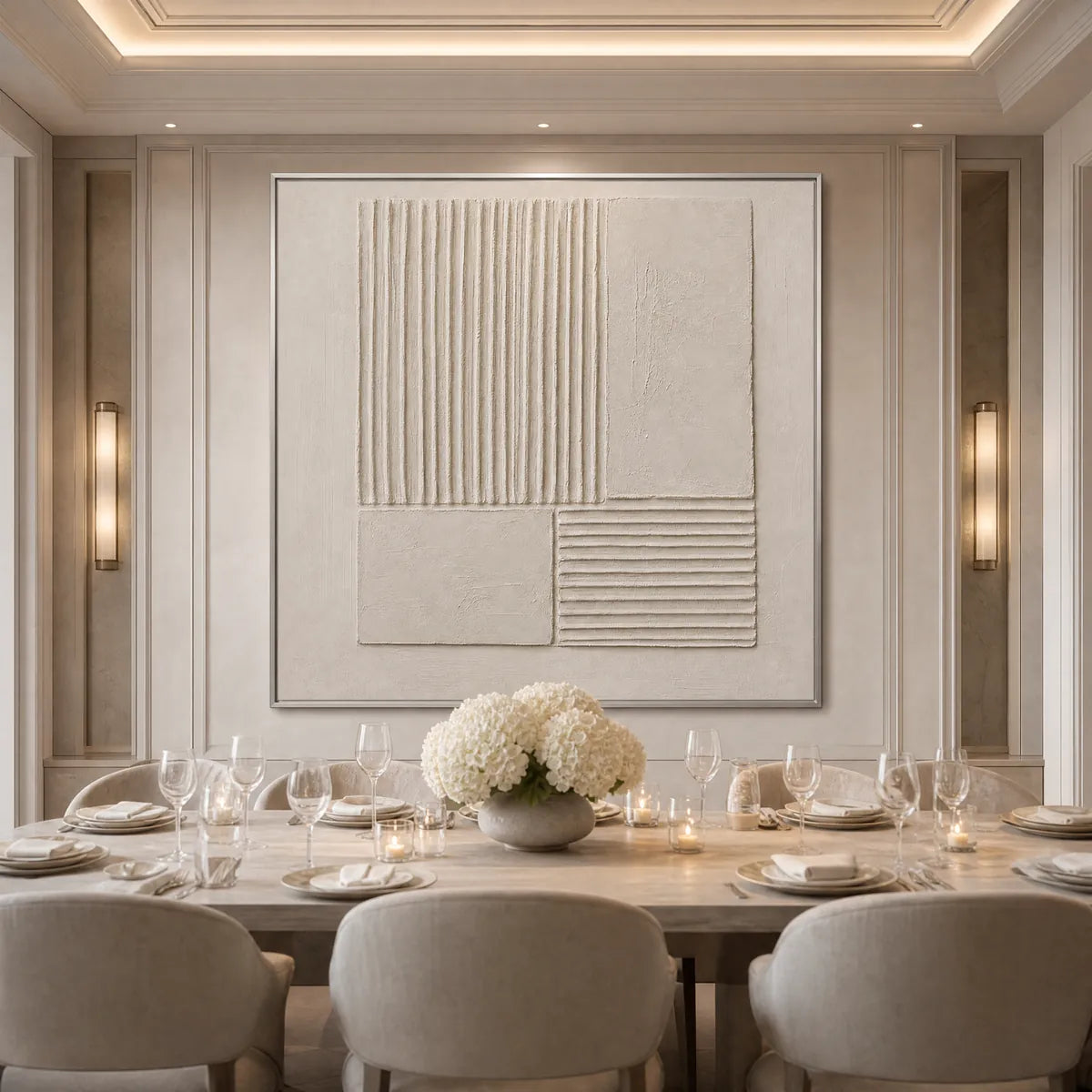 Textured beige Wabi-Sabi abstract wall art above elegant dining table