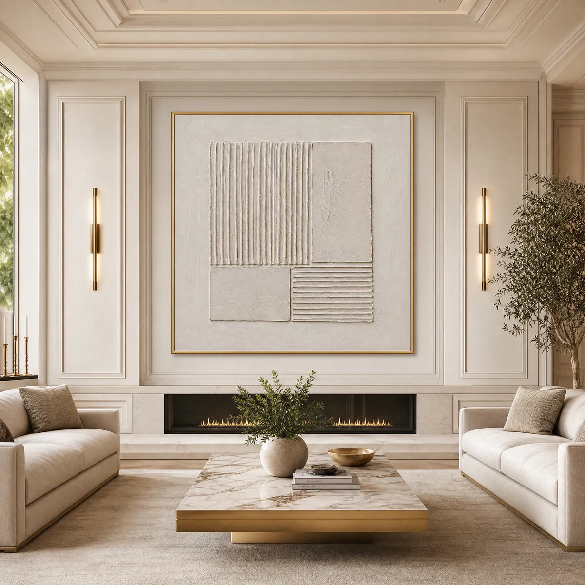Textured Wabi-Sabi minimalist abstract painting in beige tones, framed over a fireplace