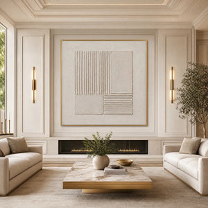 Textured Wabi-Sabi minimalist abstract painting in beige tones, framed over a fireplace