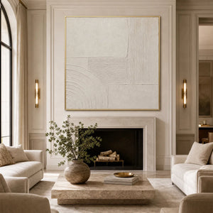 Textured beige Wabi Sabi minimalist abstract wall art above a fireplace