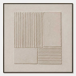 Textured beige Wabi-Sabi abstract painting with raised linear panels