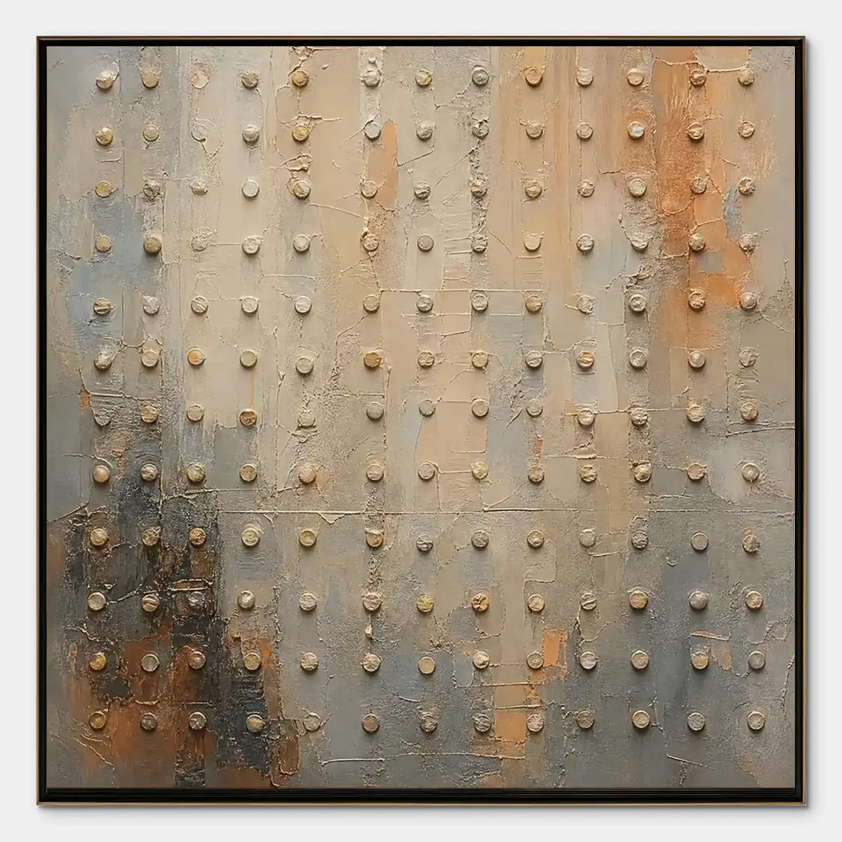 Textured neutral abstract wall art with raised beaded dots in beige, gray, and gold