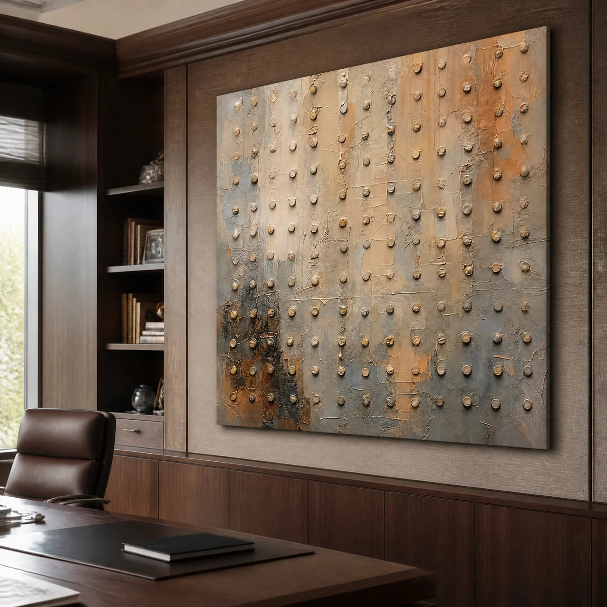 Neutral textured abstract wall art with raised dots above a modern executive office desk.