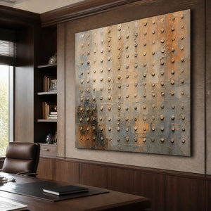 Neutral textured abstract wall art with raised dots above a modern executive office desk.