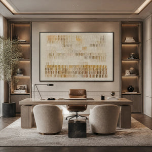 Beige linear texture abstract wall art with gold accents in modern office