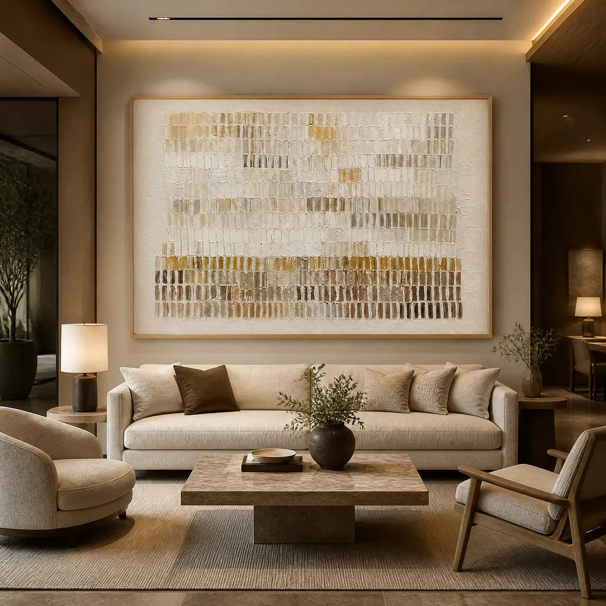 Beige linear texture abstract wall art with handmade relief marks displayed in a luxury hotel lobby.