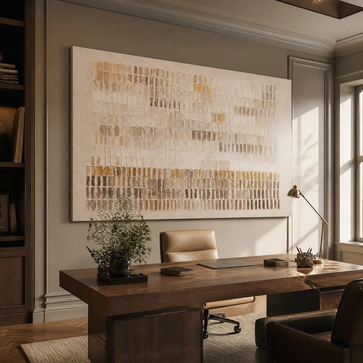 Beige linear texture abstract wall art with gold accents in modern office.